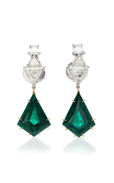 Shop Ara Vartanian 18k Gold Emerald And Diamond Hook Earrings In Green