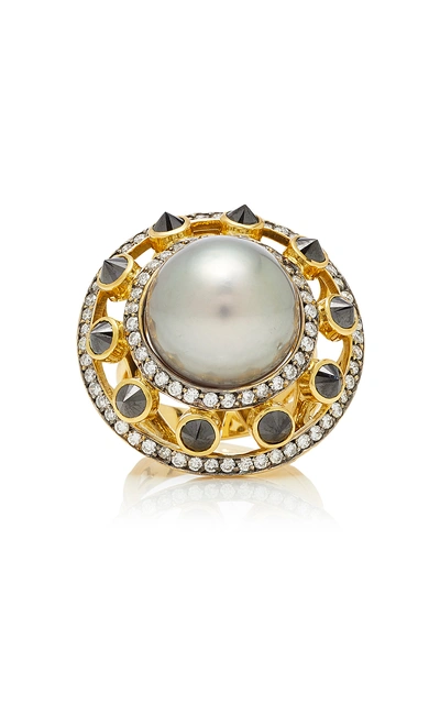 Shop Ara Vartanian 18k Yellow Gold Ring With Grey Pearl, 1.79ct Black And 1ct White Diamonds