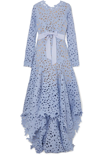 Shop Oscar De La Renta Asymmetric Guipure Lace Gown In Blue