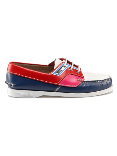 Shop Prada Brushed Leather Boat Shoes In Y Cobalto/rosso