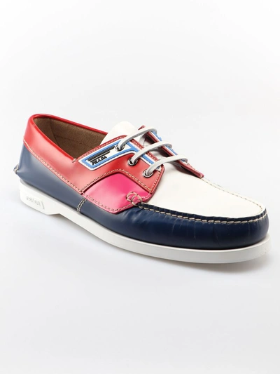 Shop Prada Brushed Leather Boat Shoes In Y Cobalto/rosso