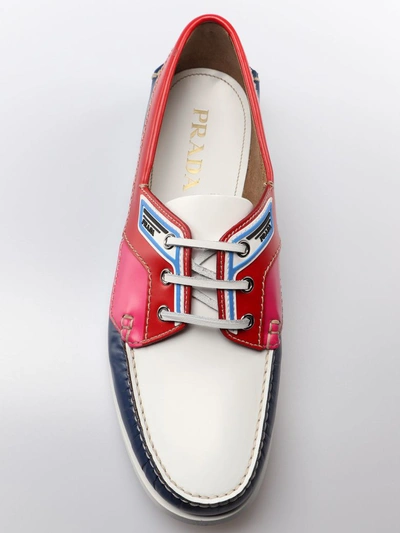 Shop Prada Brushed Leather Boat Shoes In Y Cobalto/rosso