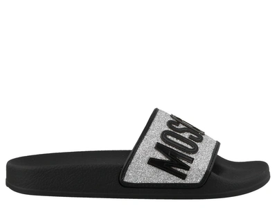 Shop Moschino Pool Sandals In Silver/ Black