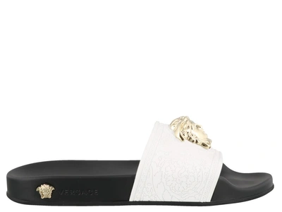 Shop Versace Medusa Detail Flat Sandals In White