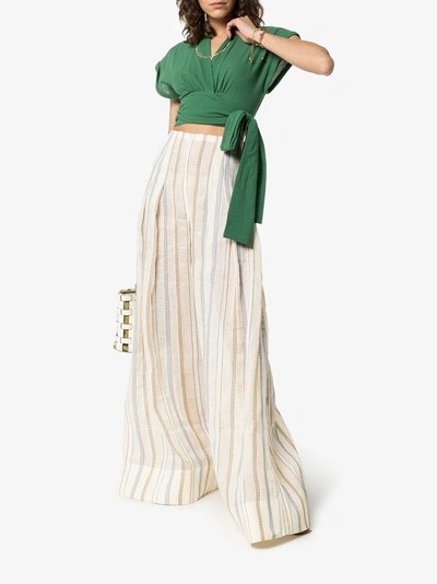 Shop Jacquemus Stripe Embroidered High Waisted Wide Leg Trousers In Beige Stripes