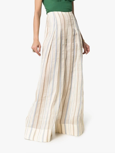 Shop Jacquemus Stripe Embroidered High Waisted Wide Leg Trousers In Beige Stripes