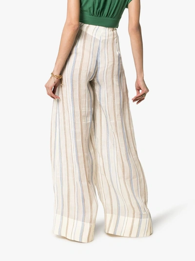 Shop Jacquemus Stripe Embroidered High Waisted Wide Leg Trousers In Beige Stripes