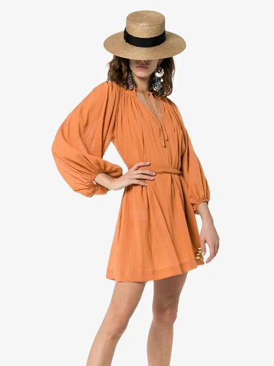 Shop Lisa Marie Fernandez Poet Tassel Belted Cotton Mini Dress In Orange
