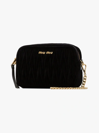 Shop Miu Miu Black Matelassé Velvet Shoulder Bag In Blue