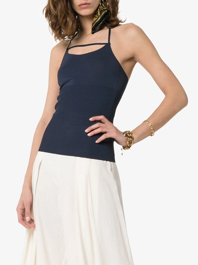 Shop Jacquemus Cross Front Thin Strap Cami Top In Navy