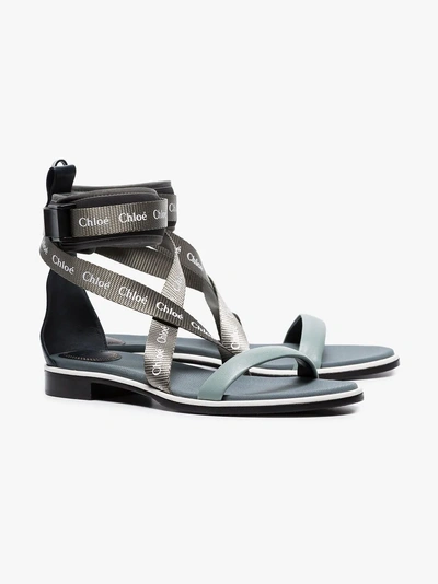 Shop Chloé Sea Blue Fabric Strap Logo Print Sandals In Green