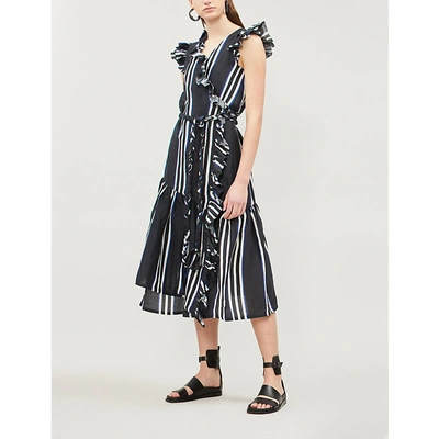 Shop Apiece Apart Costa Ruffled Striped Cotton Midi Wrap Dress In Prado Stripe