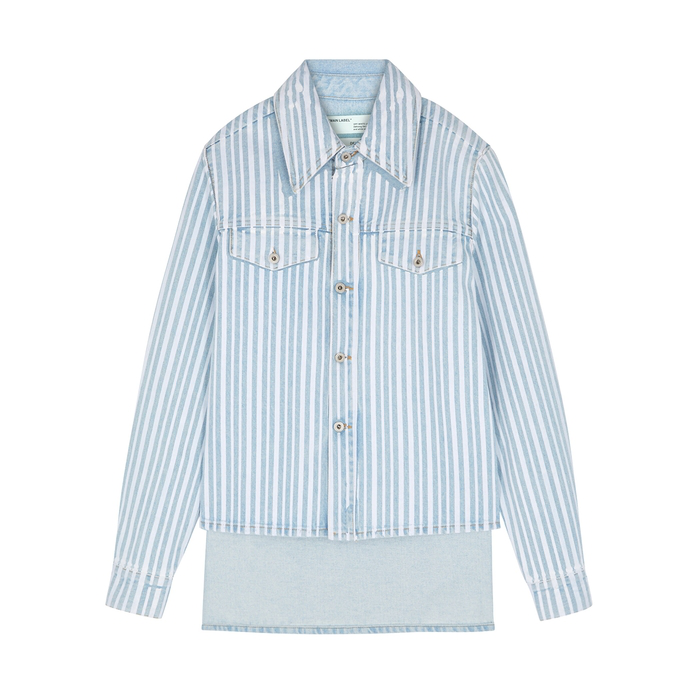 blue and white striped denim jacket