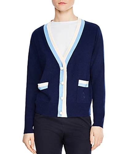 Shop Sandro Clotilde Varsity-style Cardigan In Navy Blue