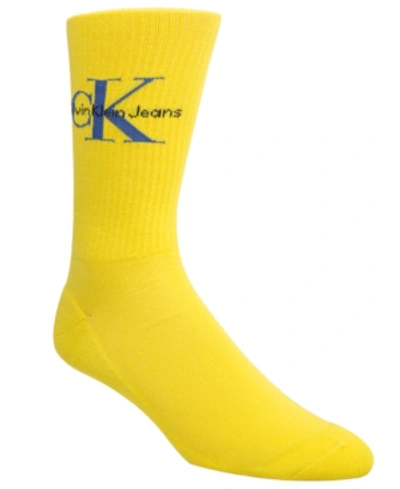Shop Calvin Klein Men's Ribbed Logo Crew Socks In Yellow