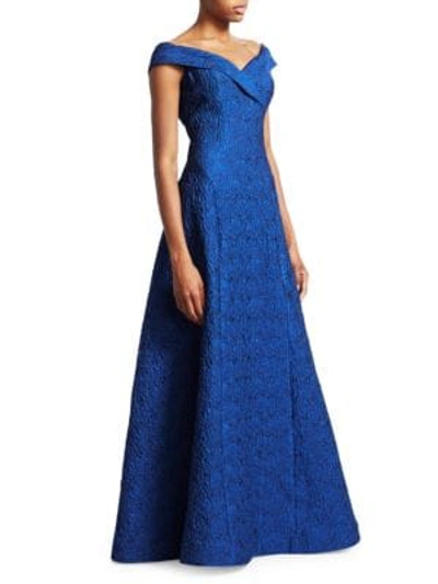 Shop Teri Jon By Rickie Freeman Off-the-shoulder Jacquard Ball Gown In Royal Blue