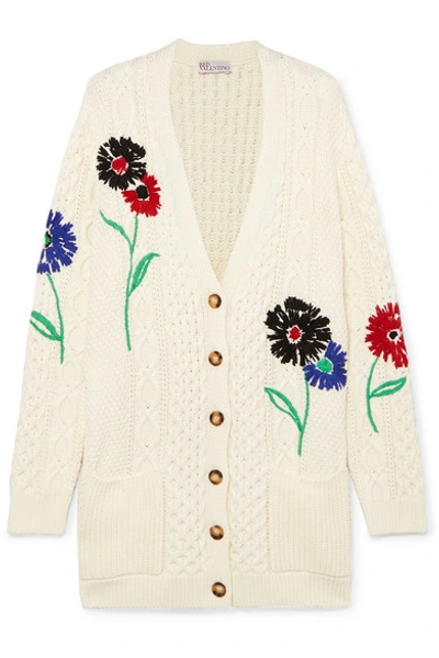 Shop Red Valentino Embroidered Cable-knit Cotton Cardigan In Ivory
