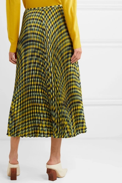 Shop Joseph Abbot Pleated Checked Silk-twill Midi Skirt In Yellow
