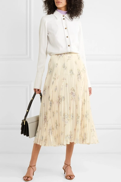 Shop Joseph Abbot Pleated Floral-print Silk-chiffon Midi Skirt In White