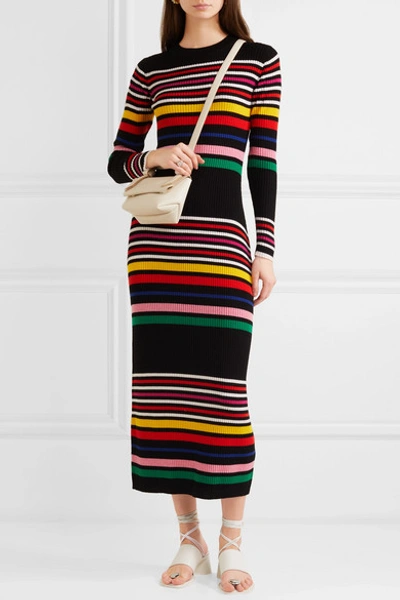Shop Paper London Striped Ribbed Wool Midi Dress In Black