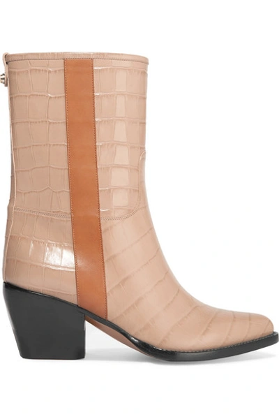 Shop Chloé Vinny Croc-effect Leather Ankle Boots In Neutral