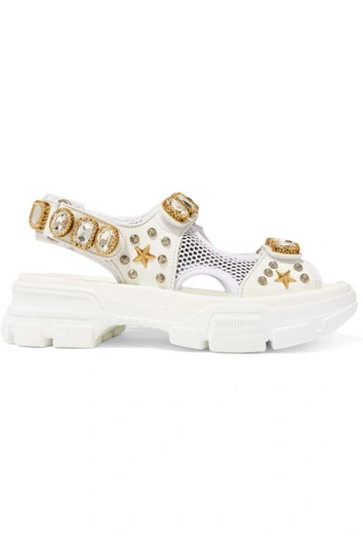 Shop Gucci Embellished Leather And Mesh Sandals In White