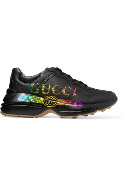 Shop Gucci Rhyton Metallic Logo-print Leather Sneakers In Black