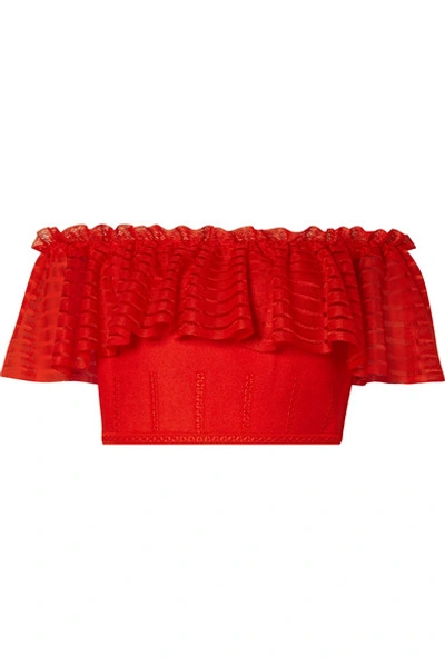 Shop Alexander Mcqueen Off-the-shoulder Cropped Lace And Open-knit Top In Red