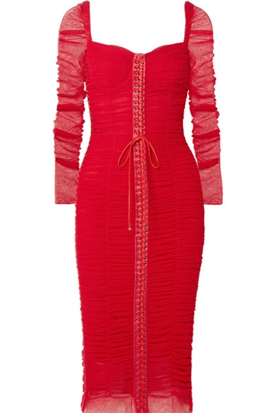 Shop Dolce & Gabbana Lace-up Silk-trimmed Ruched Tulle Midi Dress In Red