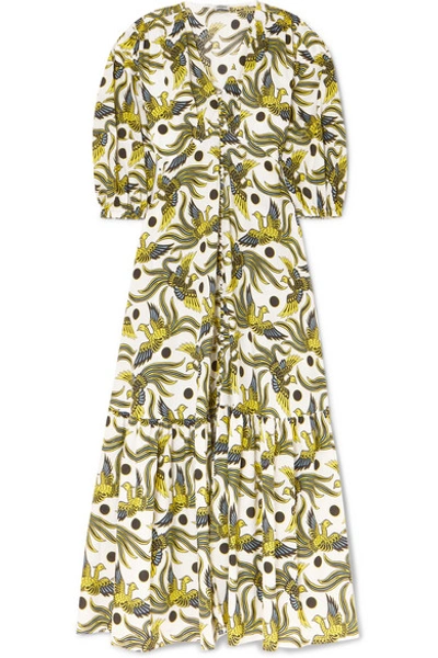 Shop Kenzo Tiered Printed Cotton-poplin Midi Dress In Green