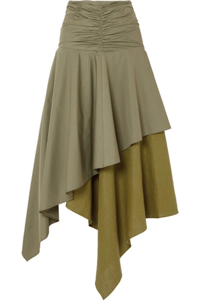 Shop Loewe Asymmetric Ruffled Poplin And Linen Skirt In Army Green