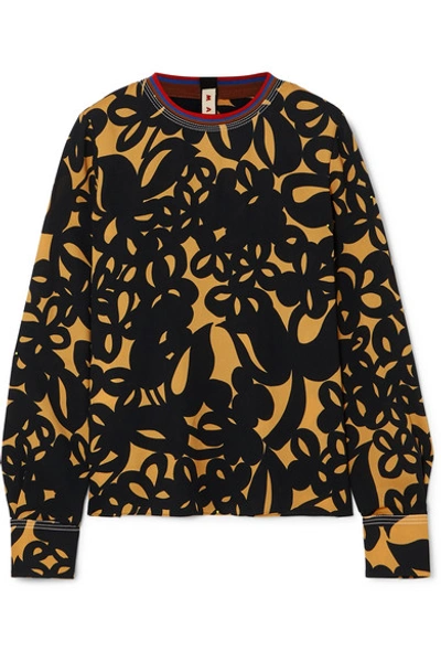 Shop Marni Jersey-trimmed Printed Crepe Top In Black