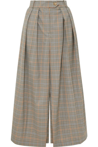 Shop A.w.a.k.e. Pleated Checked Wool Skirt In Brown
