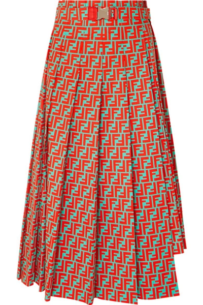 Shop Fendi Asymmetric Pleated Printed Cotton-poplin Skirt In Red