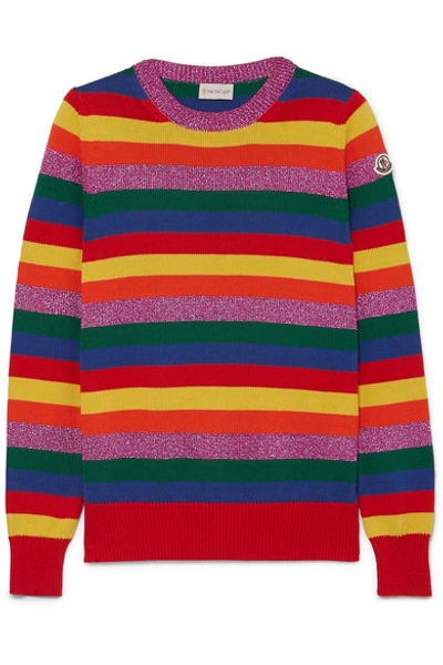 Shop Moncler Striped Metallic Cotton Sweater In Bright Yellow