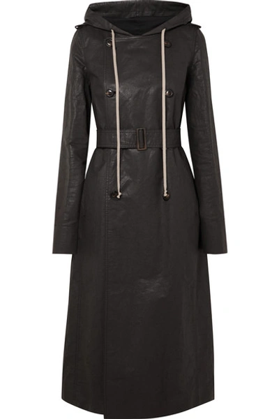 Shop Rick Owens Hooded Coated Linen-blend Trench Coat In Black