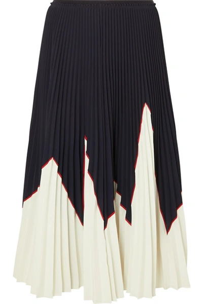 Shop Red Valentino Two-tone Pleated Stretch-piqué Midi Skirt In Navy