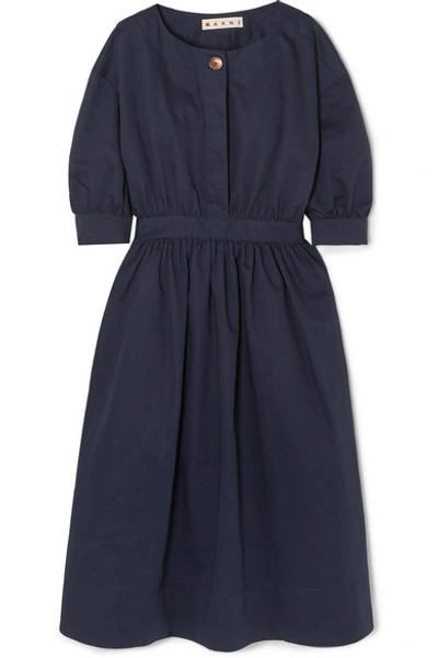 Shop Marni Belted Cotton And Linen-blend Twill Midi Dress In Navy