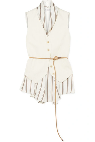 Shop Brunello Cucinelli Belted Layered Canvas And Striped Satin Vest In White