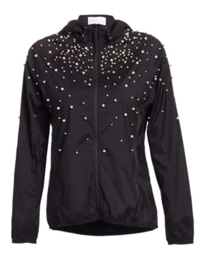 Shop Red Valentino Imitation Pearl Studded Zip Up Jacket In Pearl Black