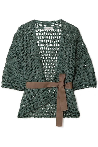 Shop Brunello Cucinelli Belted Sequin-embellished Open-knit Cardigan In Petrol