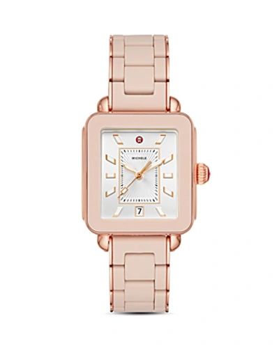 Shop Michele Deco Sport Rose Gold-tone Desert Rose-wrapped Silicone Watch, 34mm X 36mm In Pink