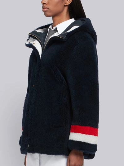 Shop Thom Browne Reversible Hooded Shearling Parka In Blue
