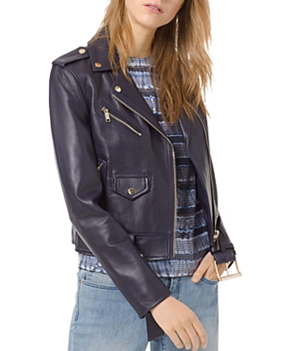 Michael Michael Kors Leather Moto Jacket In True Navy ModeSens