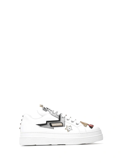 Shop Prada White Leather And Saffiano Sneakers In Bianco