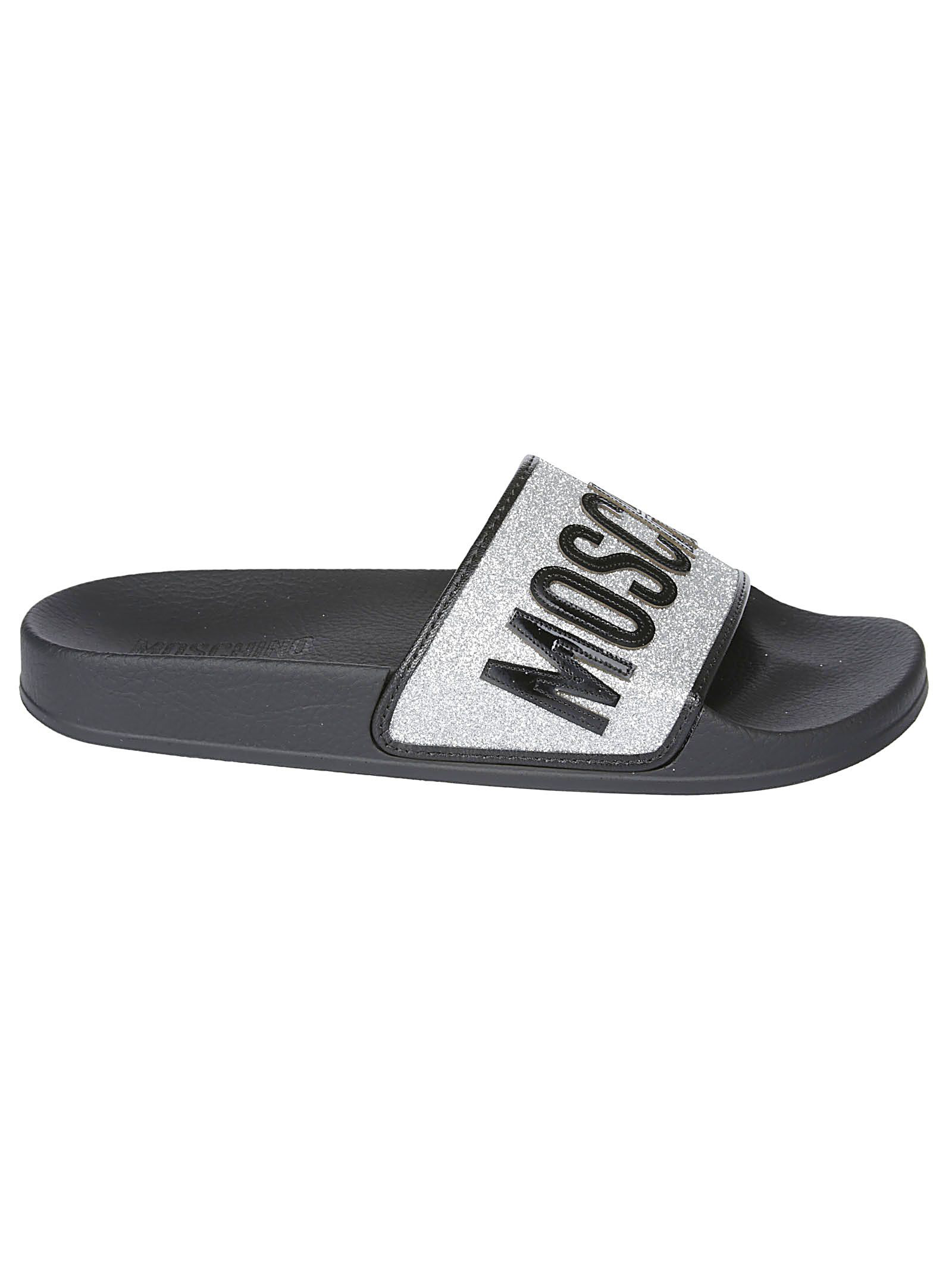 moschino multicolor logo pool sandals