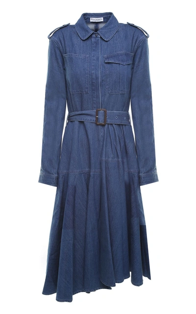Shop Jw Anderson Pleated Cotton-denim Belted Midi Dress In Blu