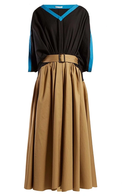 Shop Jw Anderson Asymmetric Cotton-twill Belted Maxi Dress In Multicolor