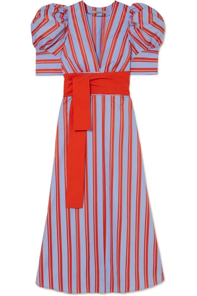 Shop Silvia Tcherassi Jardin Belted Striped Cotton-poplin Midi Dress In Blue