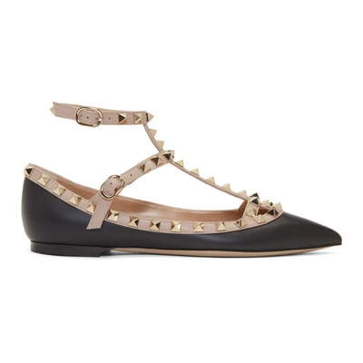 Shop Valentino Black And Pink  Garavani Rockstud Cage Ballerina Flats In N91 Black